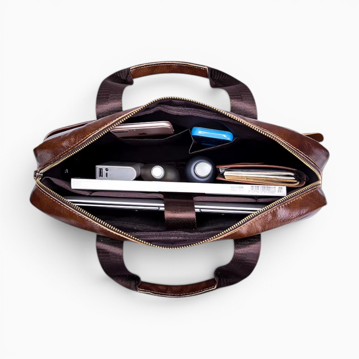Sac BULLCAPTAIN mallette de travail pour homme en cuir véritable marron avec compartiments intérieurs organisés