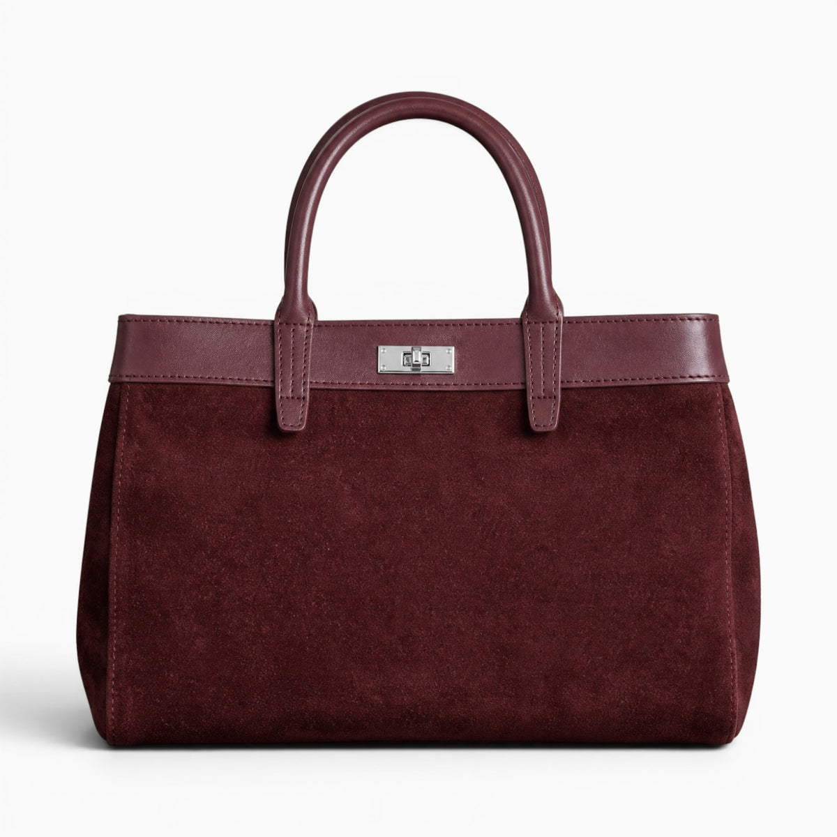 Sac cabas Sac en daim rouge vin avec poignées en cuir et fermoir métallique, style vintage élégant.