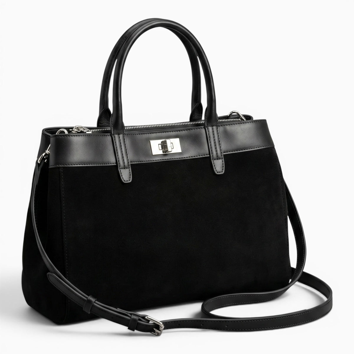 Sac cabas noir en daim et cuir véritable avec bandoulière réglable et fermeture zippée élégante