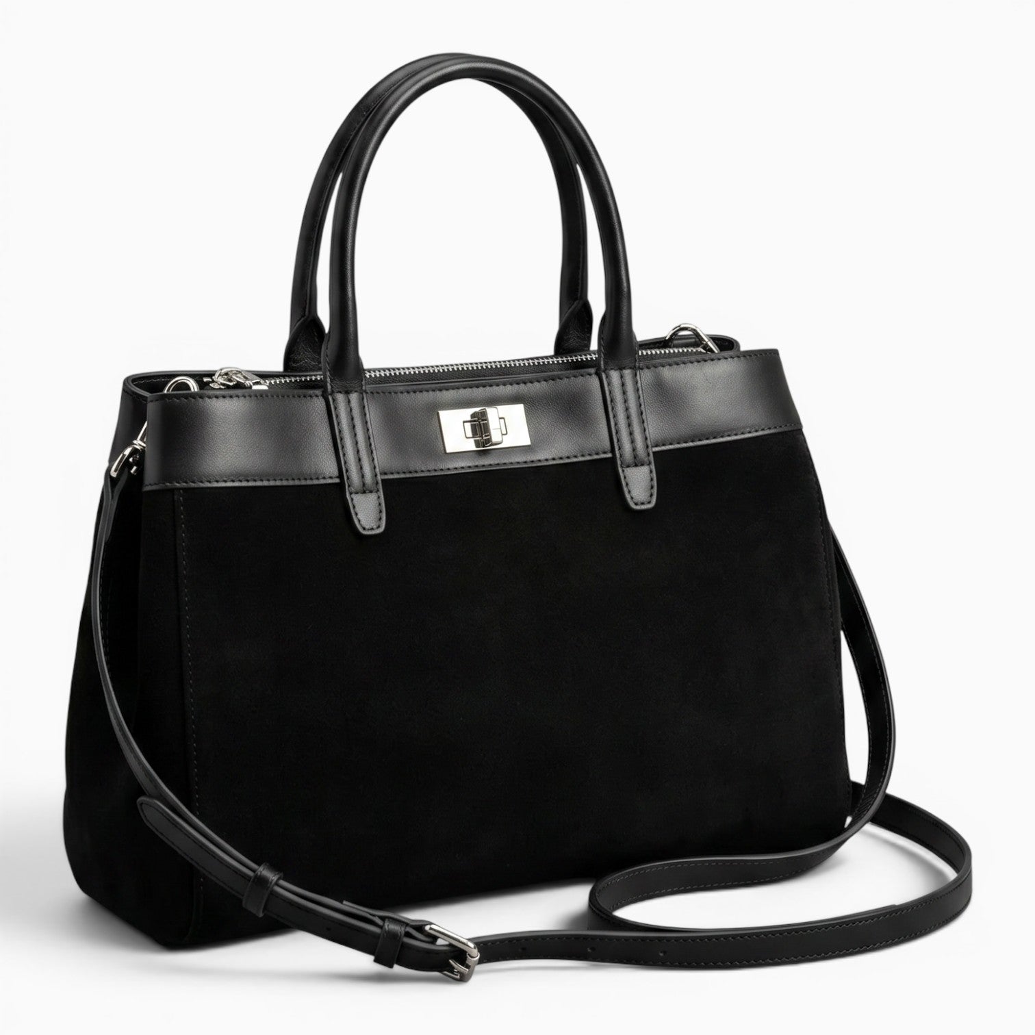 Sac cabas noir en daim et cuir véritable avec bandoulière réglable et fermeture zippée élégante