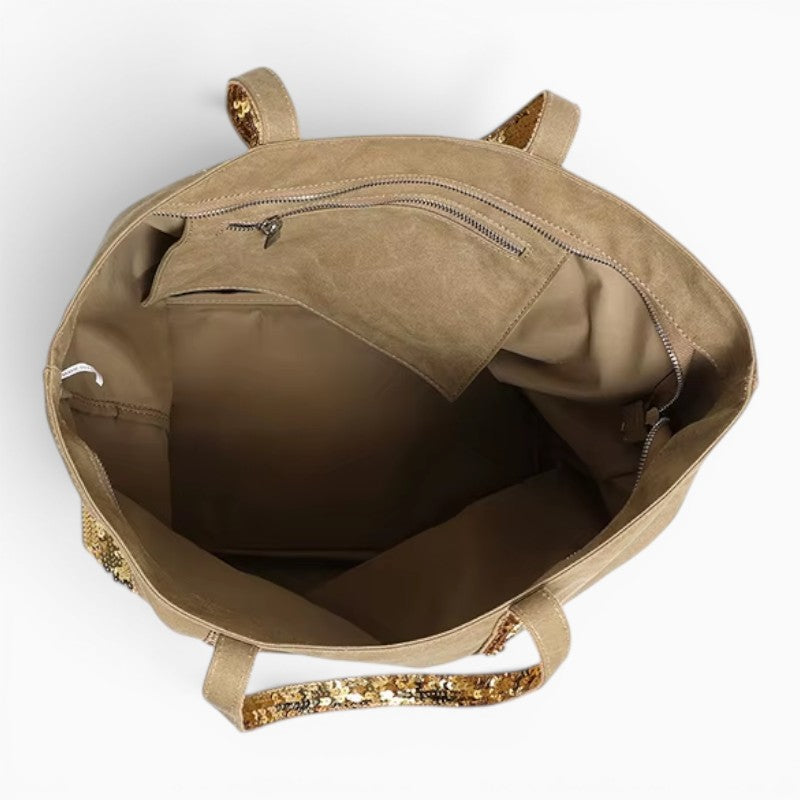 Intérieur spacieux du grand sac cabas Sac en toile beige avec doublure en polyester et poche zippée pratique