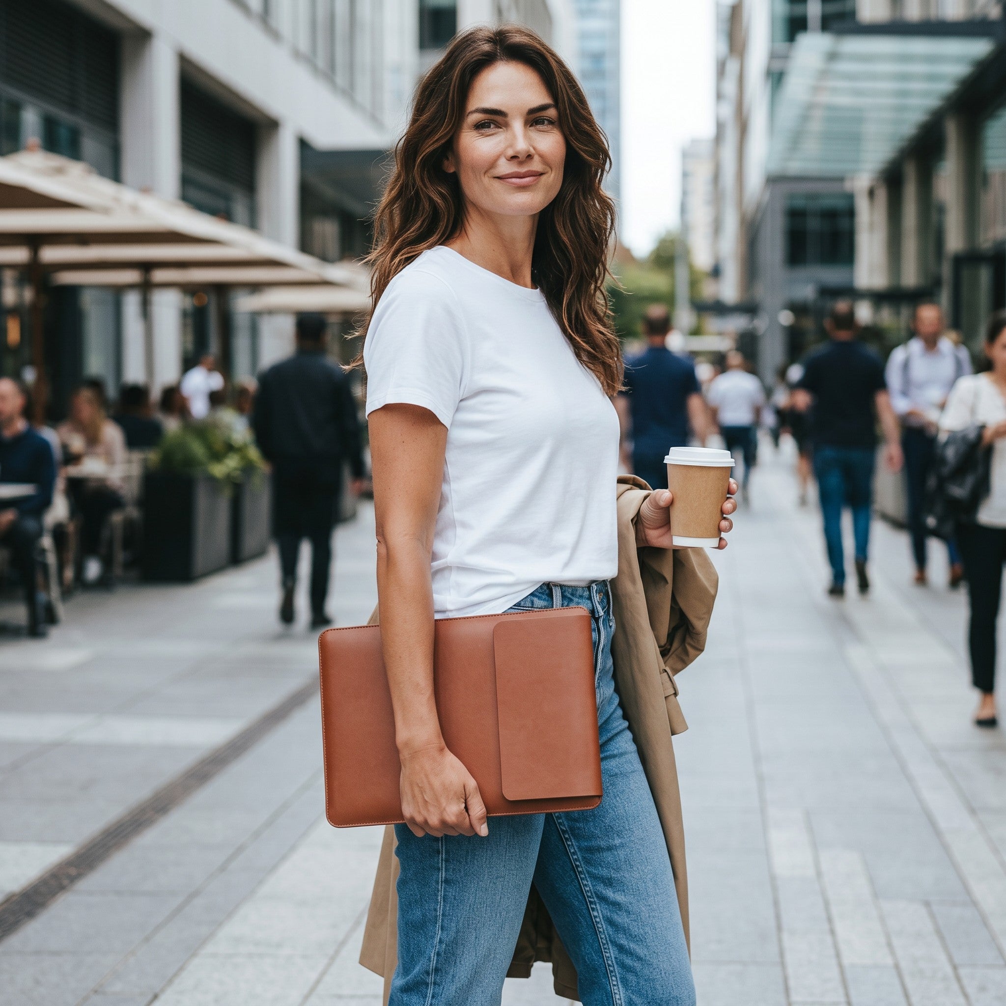 Femme portant une housse d'ordinateur Sac en cuir PU marron, utilisable comme tapis de souris, en ville.