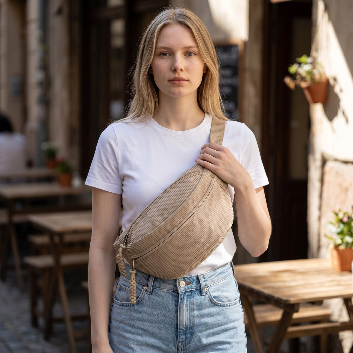 Sac femme Perfect Lily en velours côtelé beige porté en bandoulière, style décontracté avec sangle réglable