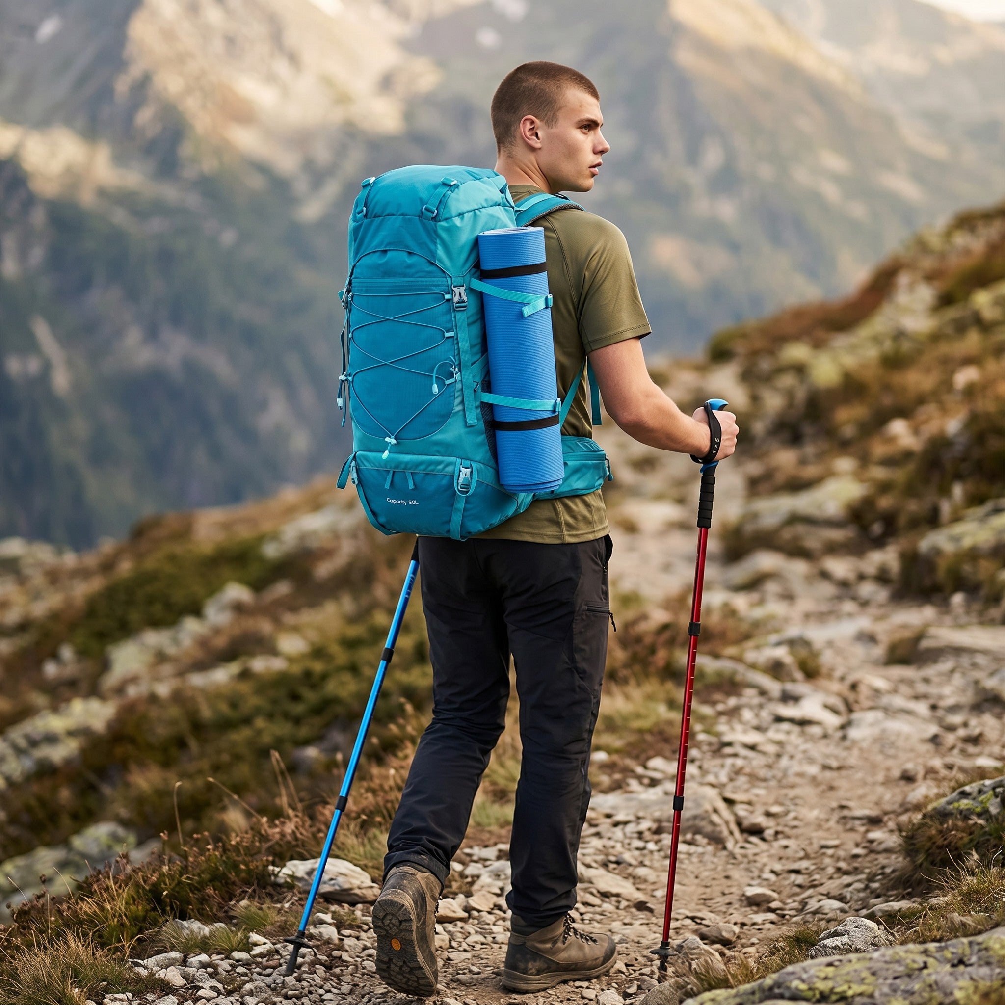 Randonneur portant un sac à dos bleu WEST TUNE de 50L avec tapis de sol, en montagne avec des bâtons de marche