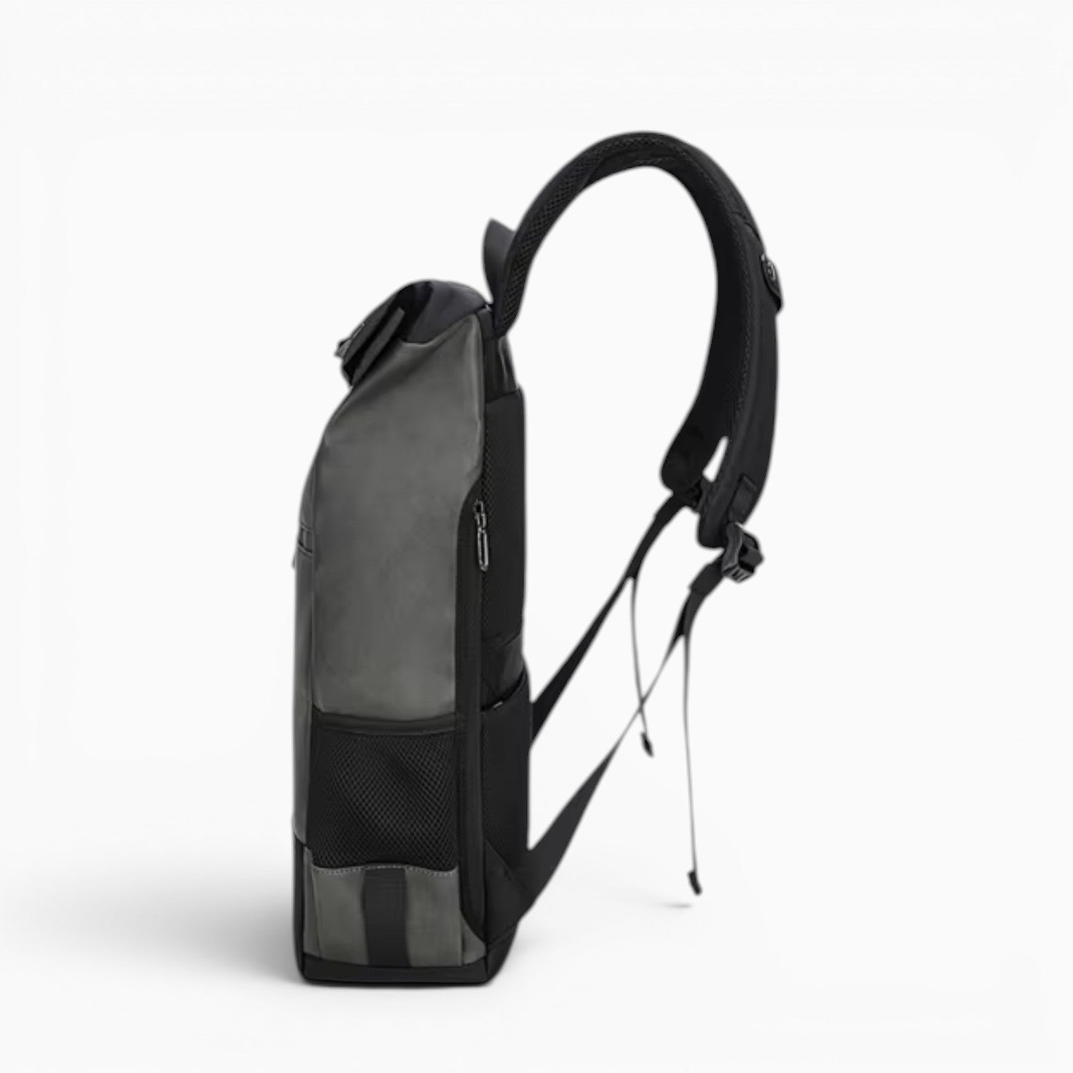 Sac roll top backpack in grey and black PU leather, waterproof design with laptop compartment for travel and business.