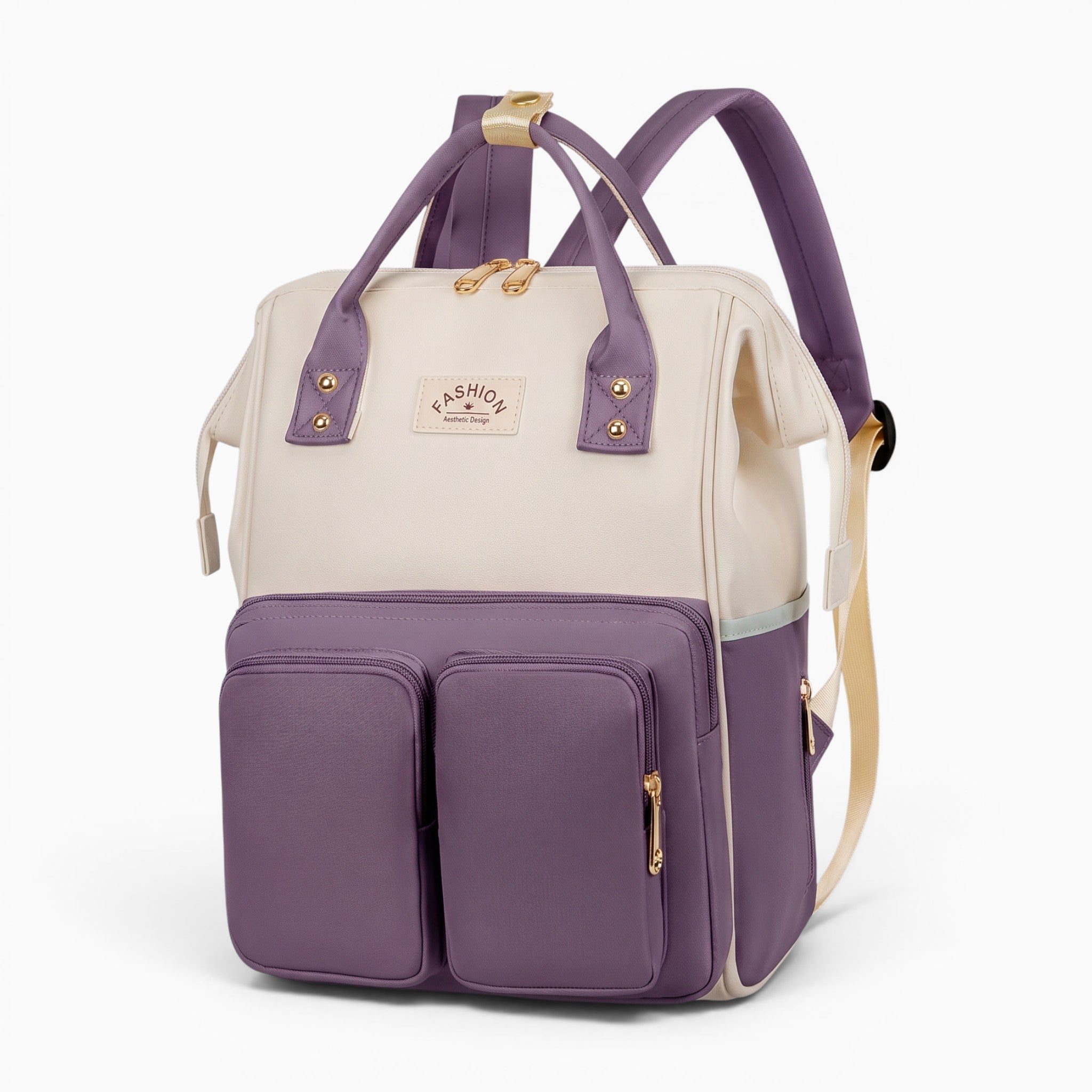 Sac sac à dos à langer bicolore violet et crème avec multiples poches et fermeture éclair pour bébé