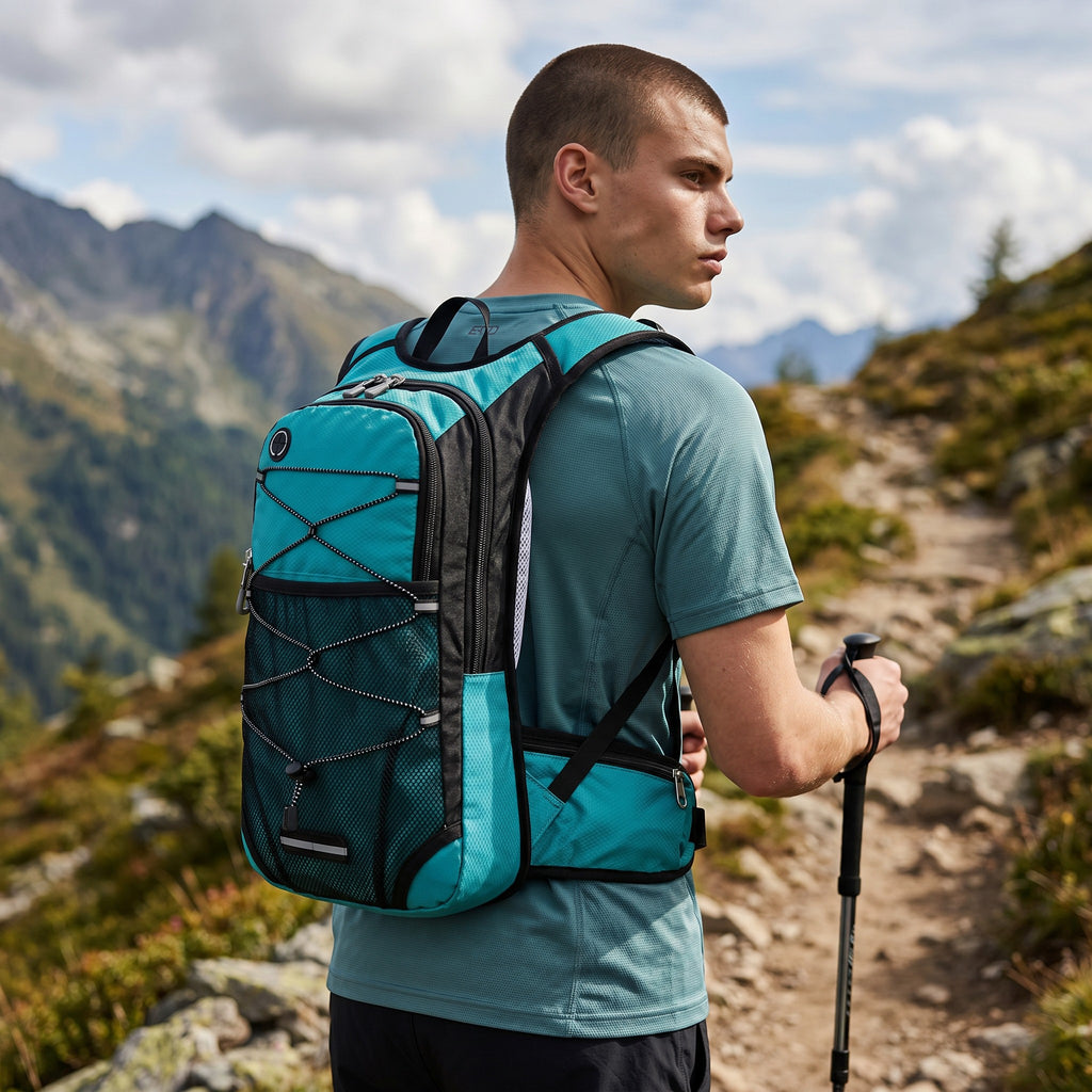 Sac randonneur portant un sac à dos Sac bleu et noir en nylon léger sur un sentier de montagne en extérieur
