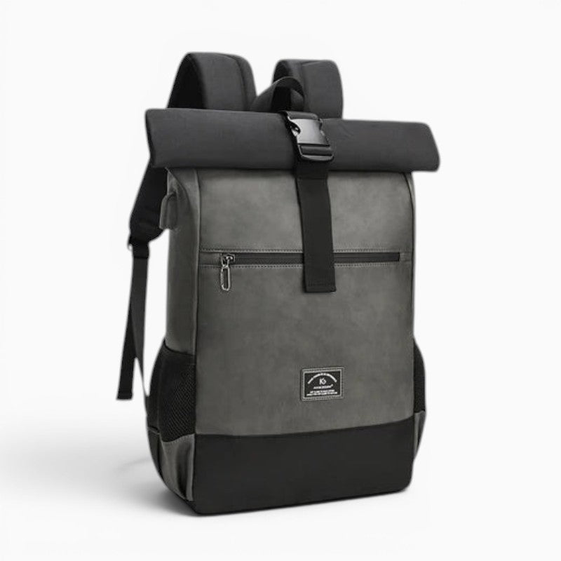 Sac sac à dos rolltop imperméable en cuir PU gris et noir avec compartiment pour ordinateur portable 15,6 pouces