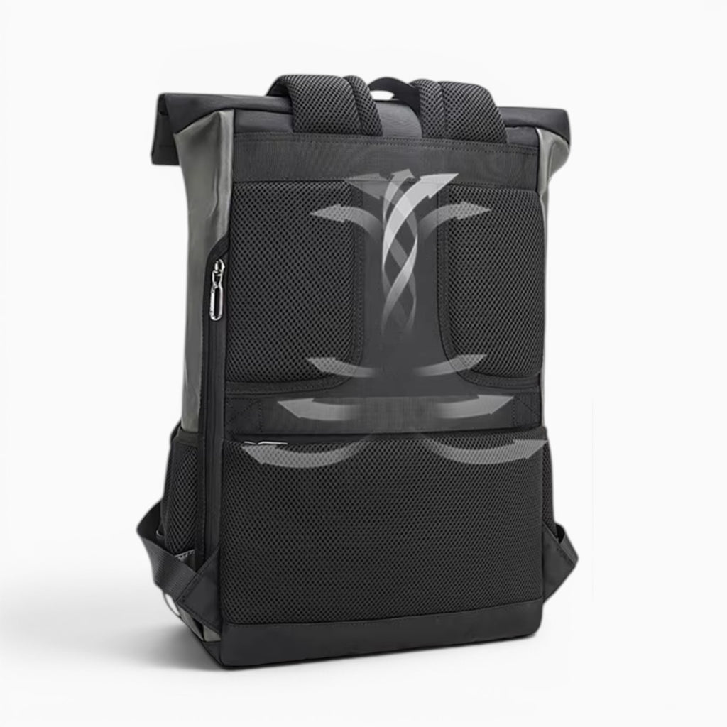Sac à dos rolltop imperméable gris en cuir PU avec port USB, idéal pour ordinateur portable 15,6 pouces et voyage