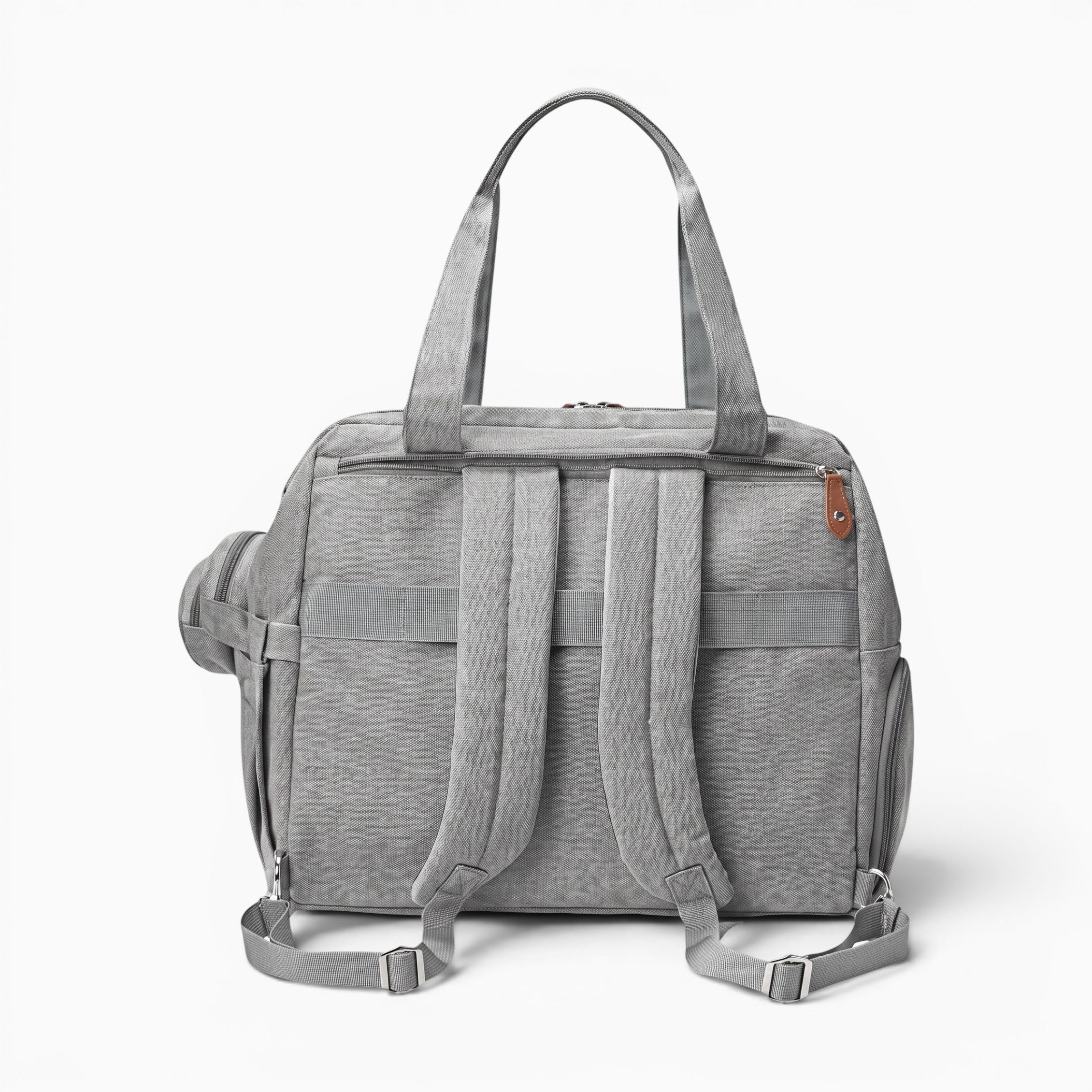Sac sac à dos à langer gris pour parents avec pochette à tétine, design matelassé et multiples compartiments