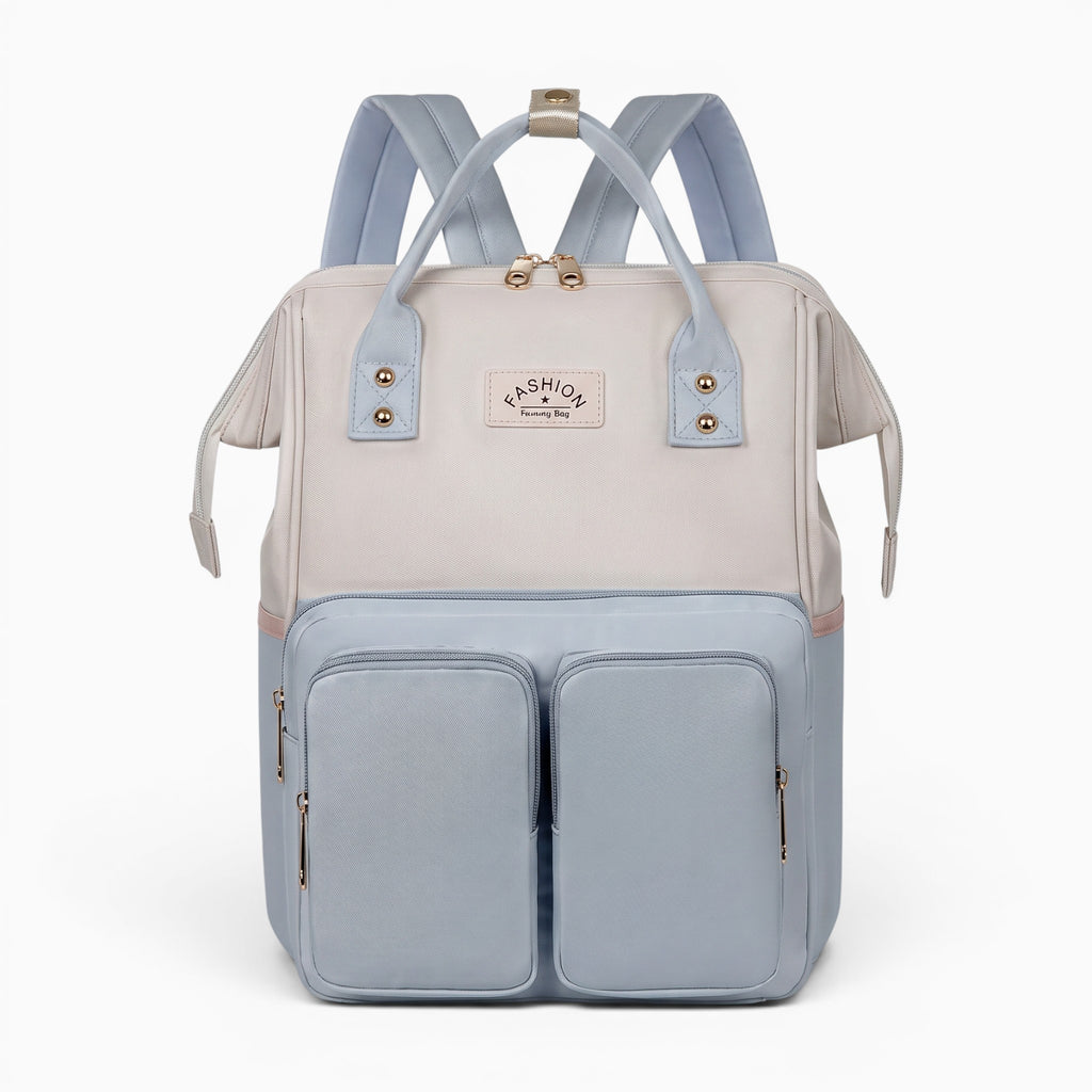 Sac sac à dos à langer imperméable bicolore bleu pastel et crème avec multiples poches et fermeture zippée