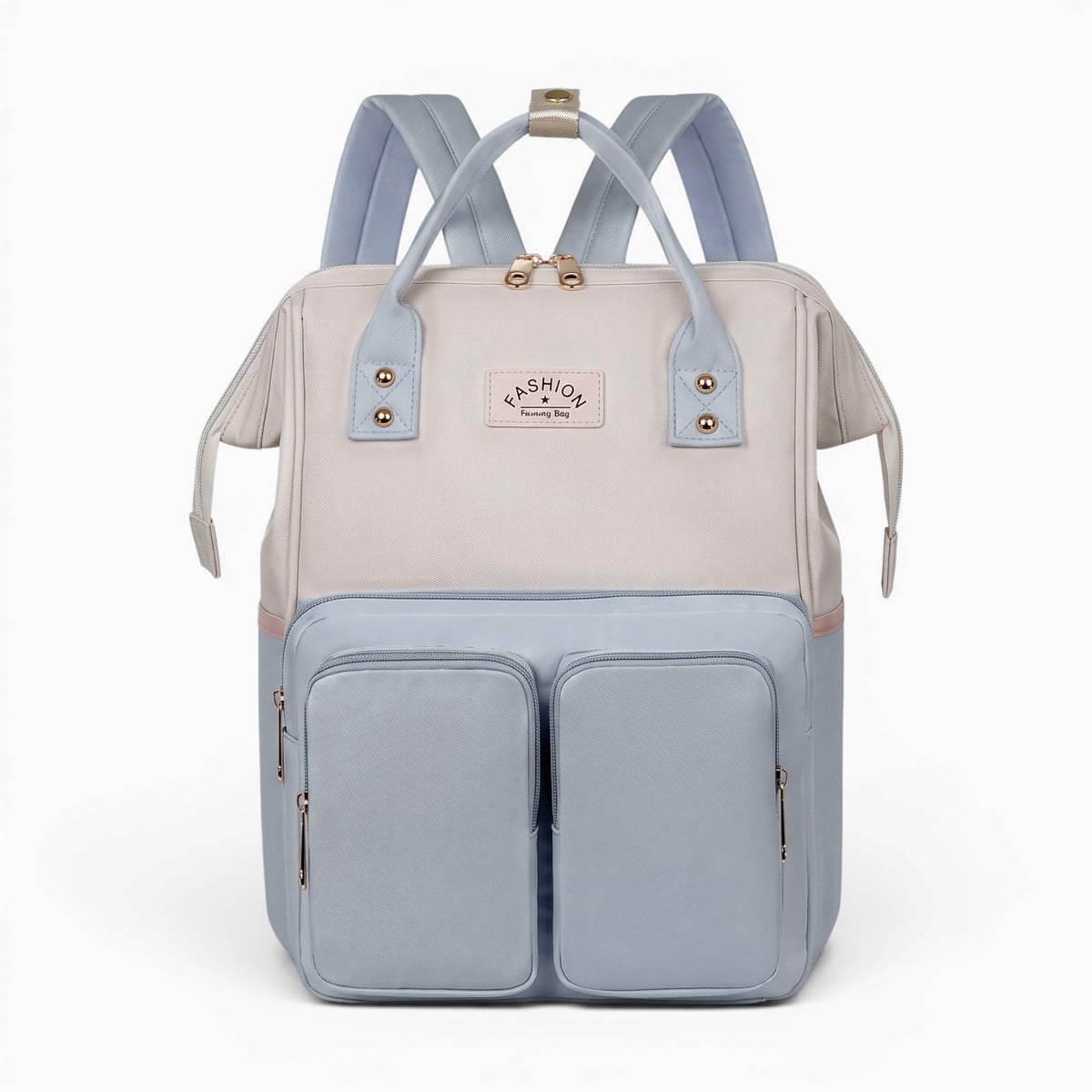 Sac sac à dos à langer imperméable bicolore bleu pastel et crème avec multiples poches et fermeture zippée
