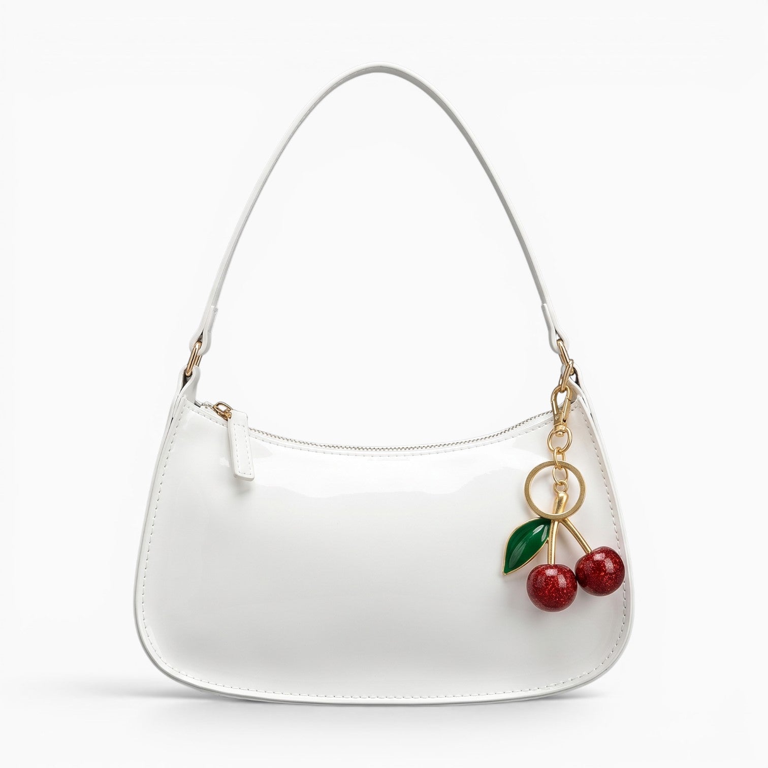 Sac sac à main blanc en cuir PU avec pendentif cerise, style épaule décontracté et élégant