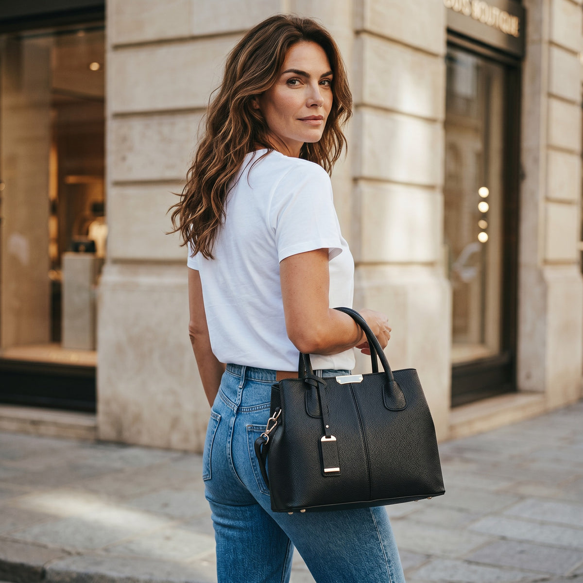 Femme portant un sac à main noir en cuir PU Sac avec poignées et détails dorés dans une rue urbaine élégante
