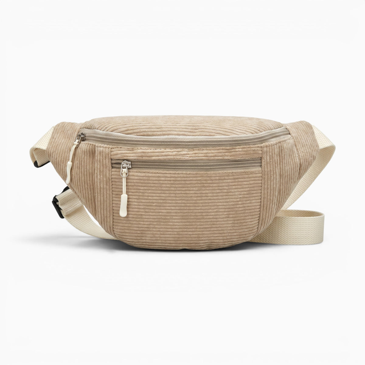 Sac banane beige en velours côtelé avec fermeture éclair et sangle réglable pour un style décontracté