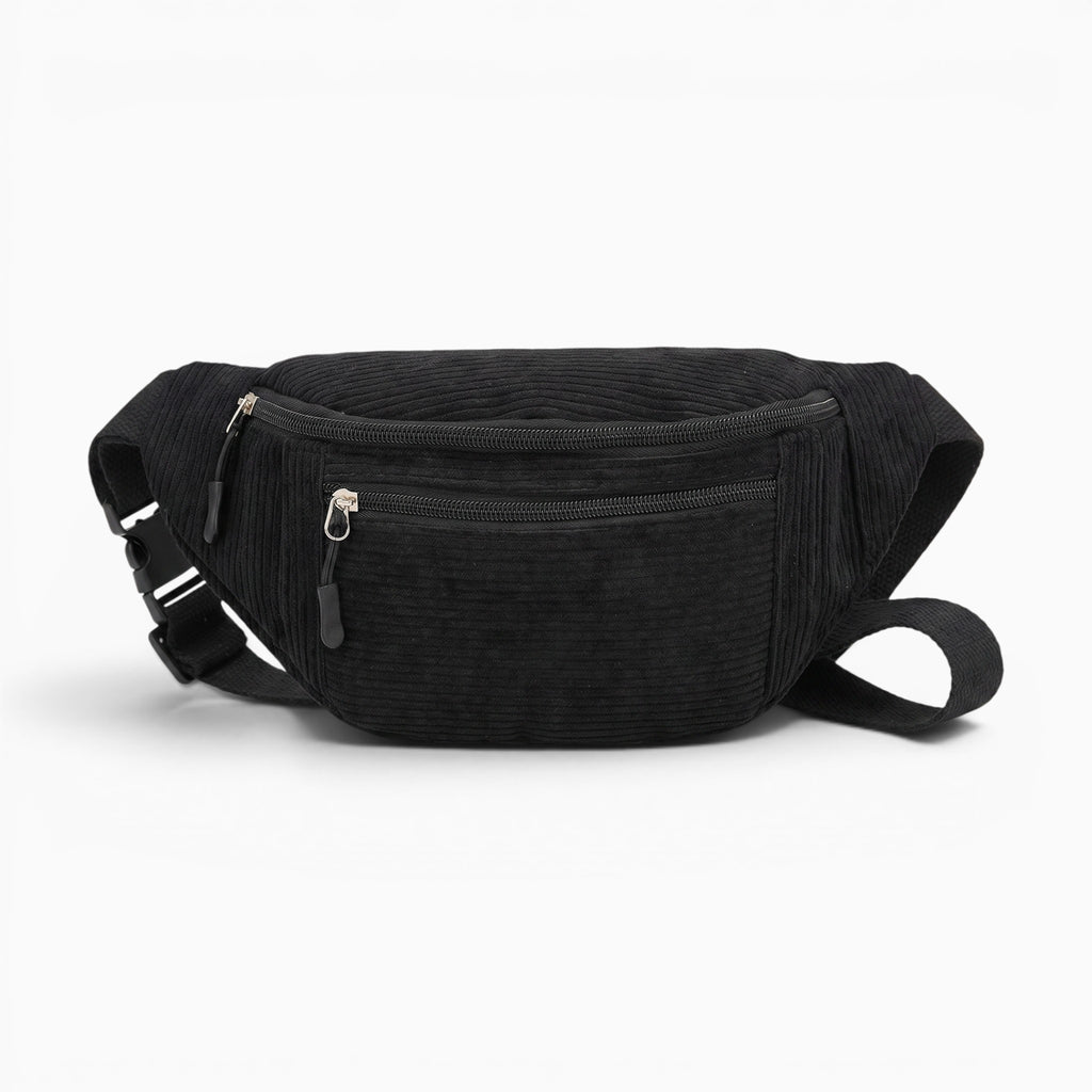 Sac banane noir en velours côtelé avec fermeture éclair et sangle réglable, style décontracté et pratique.