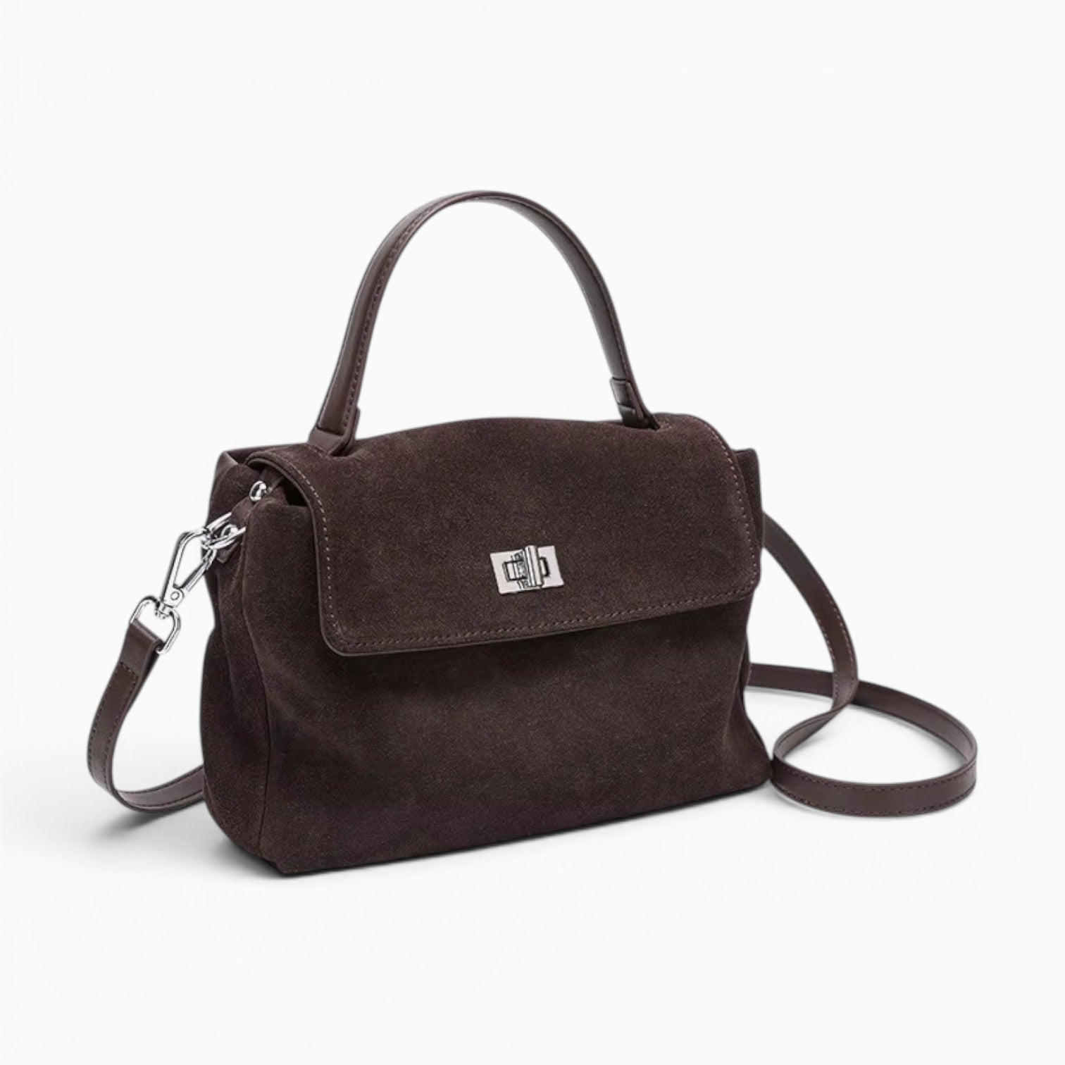 Sac en bandoulière vintage marron en cuir suédé véritable avec fermeture à loquet et poignée supérieure