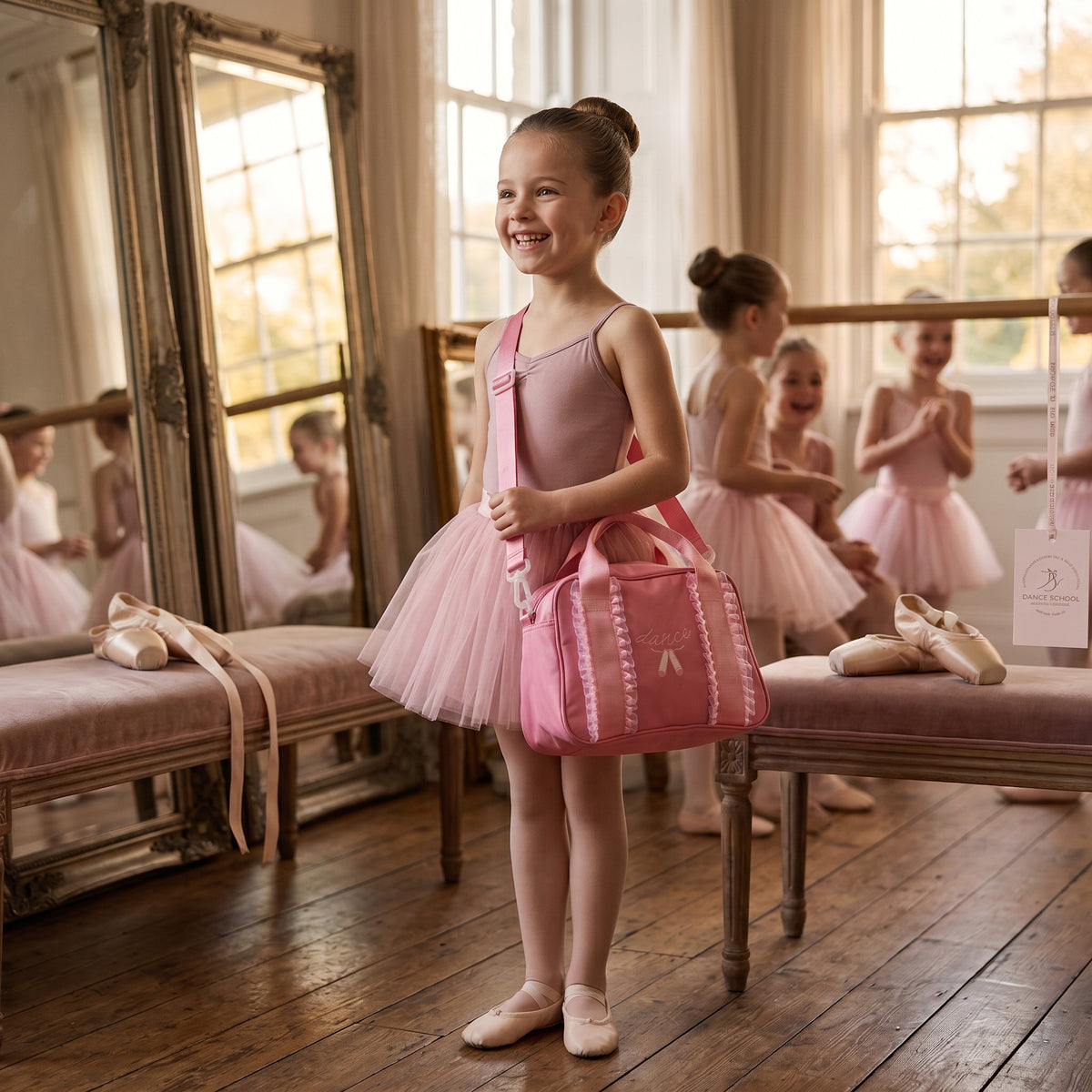 Sac sac de danse rose pour fille avec broderie de chaussons de ballet et détails en dentelle dans un studio