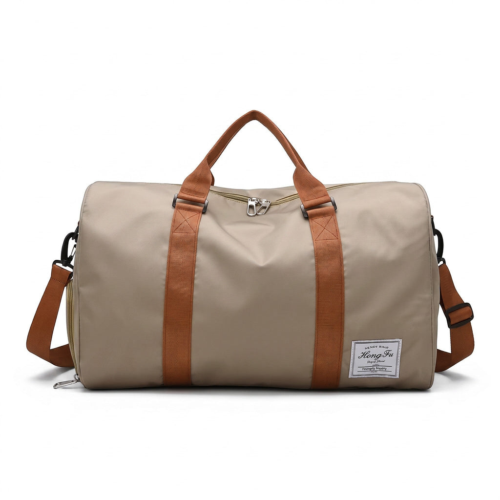 Sac sac de sport beige en nylon avec anses marron, compartiment chaussures et bandoulière amovible pour voyage