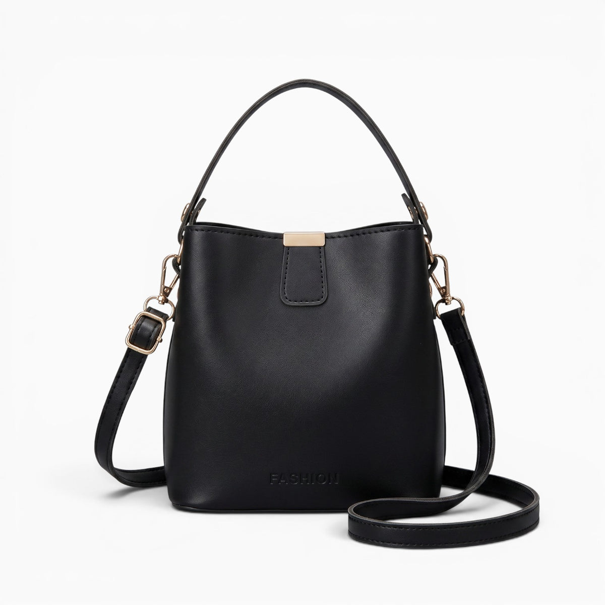 Sac sac seau noir en cuir PU avec bandoulière réglable et détails dorés, style élégant et décontracté pour femme