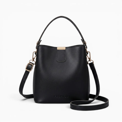 Sac sac seau noir en cuir PU avec bandoulière réglable et détails dorés, style élégant et décontracté pour femme