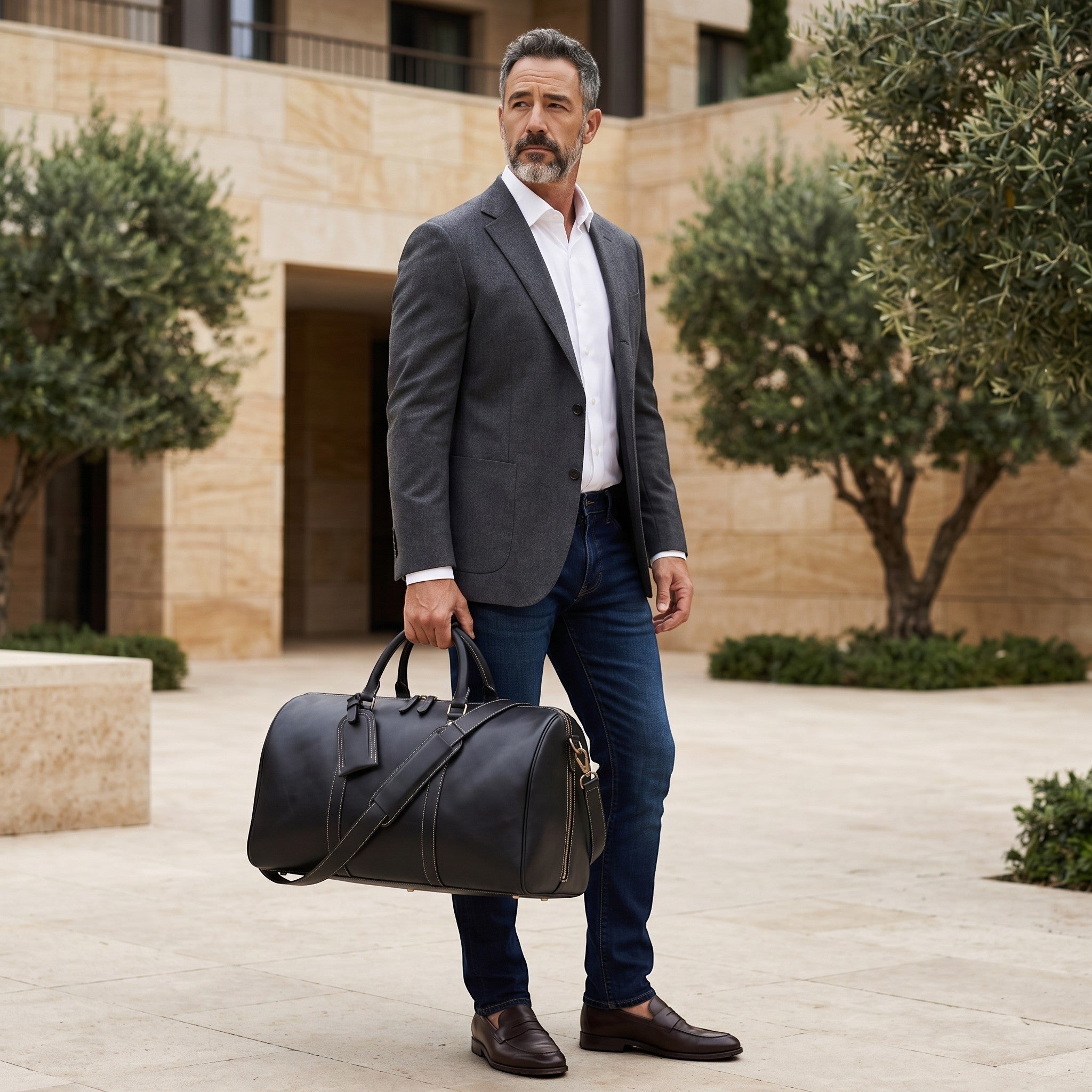 Homme élégant portant un sac de voyage Sac en cuir noir vintage avec compartiment à chaussures en extérieur
