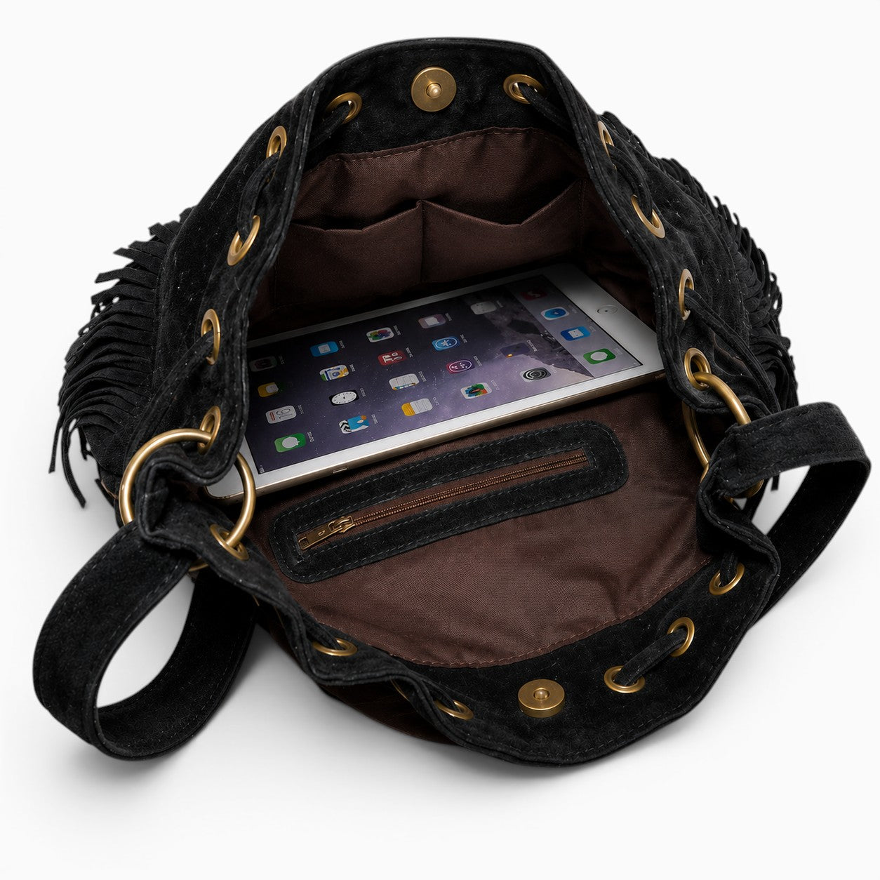 Sac sac seau en daim noir avec franges et pompons, compartiment intérieur pour tablette.