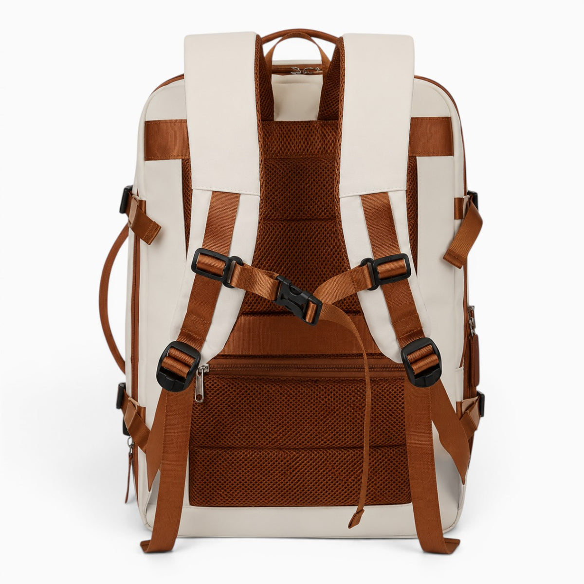 Sac sac à dos unisexe en nylon blanc cassé et marron avec bretelles réglables et boucle de poitrine.