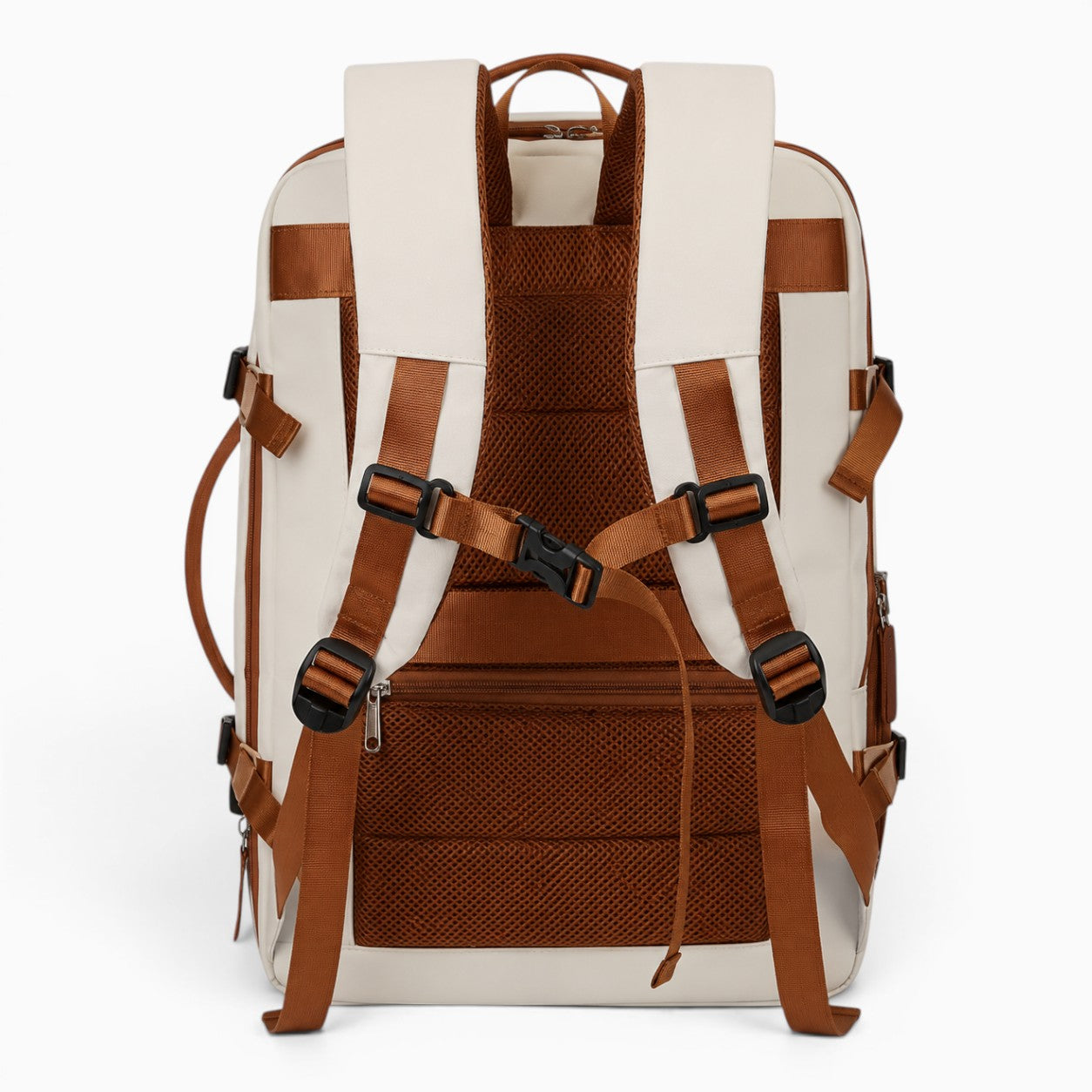 Sac sac à dos unisexe en nylon blanc cassé et marron avec bretelles réglables et boucle de poitrine.