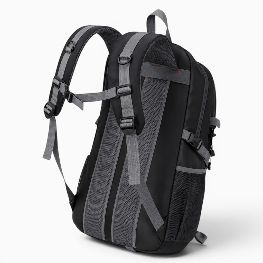 Sac noir unisexe, sac à dos de randonnée en nylon avec bretelles réglables et poches latérales en filet. Idéal pour le voyage et le camping.